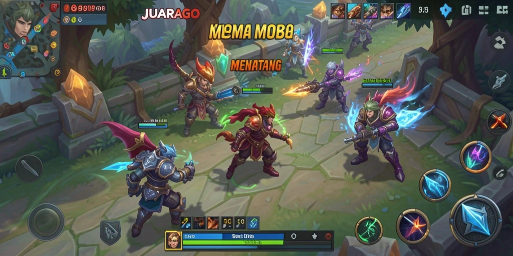 Screenshot gameplay JUARAGO menampilkan pertarungan seru dalam arena MOBA.