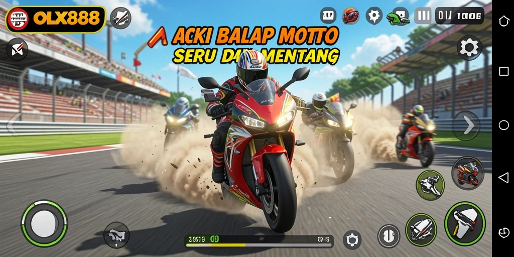 Screenshot tampilan gameplay balap motor yang menegangkan.