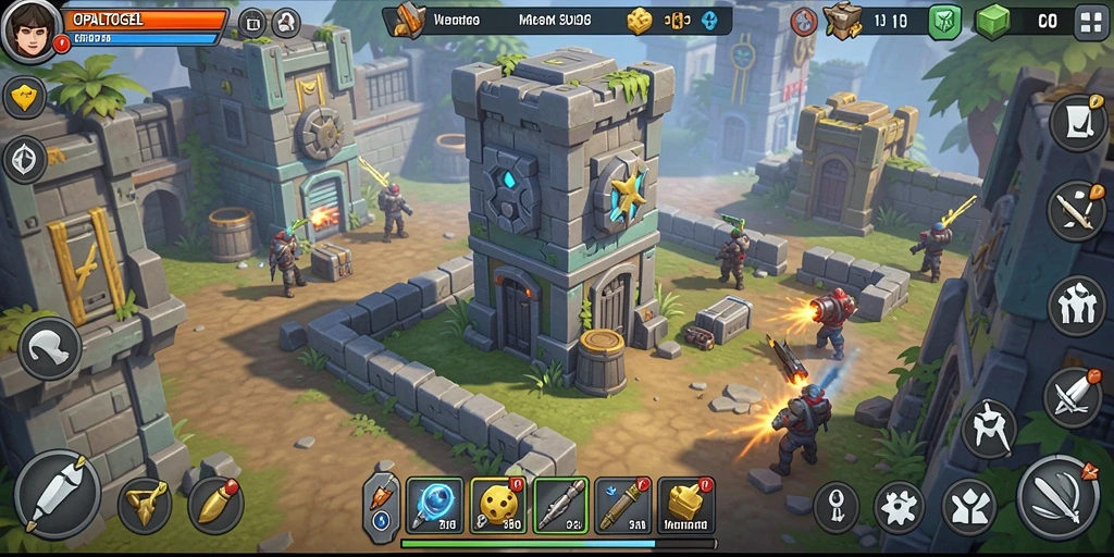 Tangkapan layar gameplay OPALTOGEL yang menampilkan menara dan musuh.