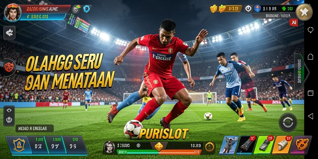 Tangkapan layar gameplay PURISLOT menunjukkan pertandingan olahraga yang dinamis dan seru.